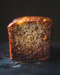 "Close-up of freshly baked 4 ingredient banana bread on a wooden table."