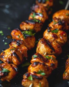 "Man demonstrating how to make Costco chicken skewers in a well-equipped kitchen."