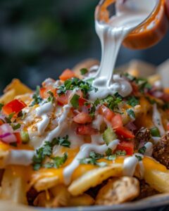 Person preparing Taco Bell nacho fries in a vibrant, busy kitchen.