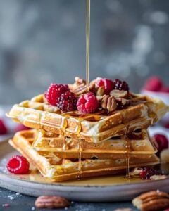 "Person preparing waffle recipe no milk, showing ingredients and waffle iron."