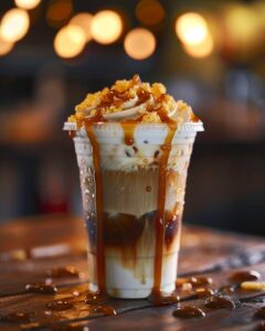 "Barista pouring McDonald's caramel iced coffee into a clear cup with ice."