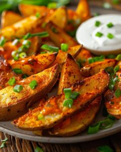 Close-up of buffalo wild wings potato wedges with dip, perfect for beginner cooks.