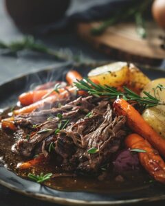 "Ingredients and tools needed for a delicious beef chuck roast recipe preparation"