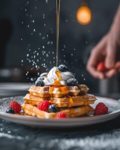 Person preparing a delicious homemade waffles recipe with essential ingredients laid out on the counter.