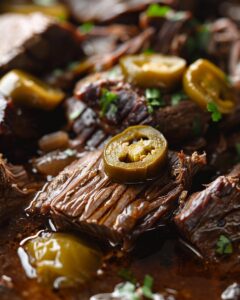 "Ingredients and instructions for a delicious Mississippi pot roast recipe on a kitchen counter."