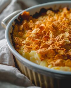 "Ingredients and utensils needed for a classic funeral potatoes recipe with step-by-step guide"