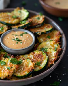"Ingredients and tools for delicious fried zucchini recipe displayed on a kitchen counter."