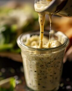 "Person preparing Texas Roadhouse ranch dressing in kitchen, ingredients displayed."