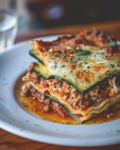 "Delicious zucchini lasagna recipe with melted cheese and fresh herbs on a rustic table."