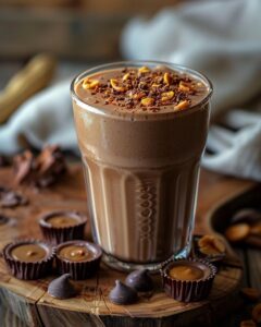 "Person making a tropical smoothie peanut butter cup smoothie in a blender."