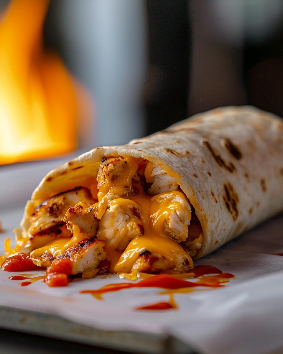 Close-up of Taco Bell Chicken Chipotle Melt with melted cheese and grilled chicken.
