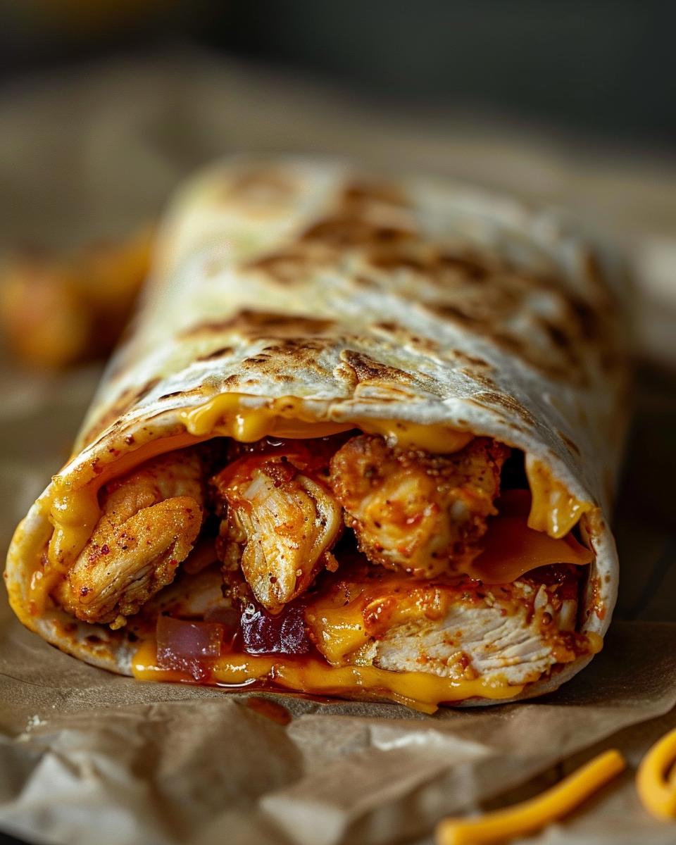 A close-up of Taco Bell Chicken Chipotle Melt with melted cheese and chipotle sauce.