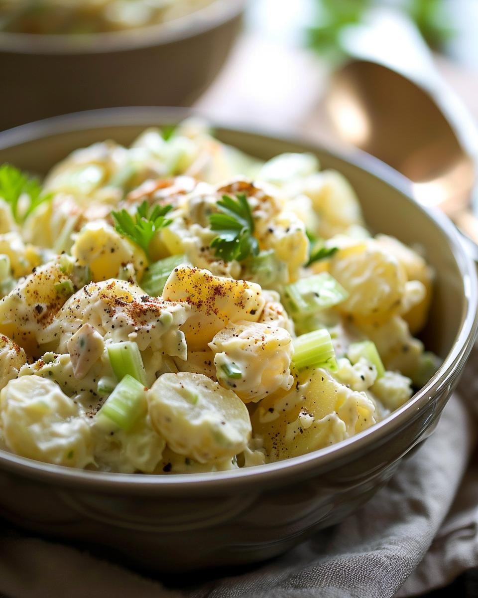 A delicious serving of McAlister's potato salad garnished with fresh herbs and spices.