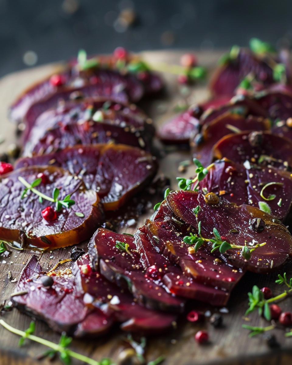 Ingredients Needed to Make Pickled Deer Heart Ingredients for pickled deer heart recipe: spices, vinegar, sugar, fresh herbs, deer heart.