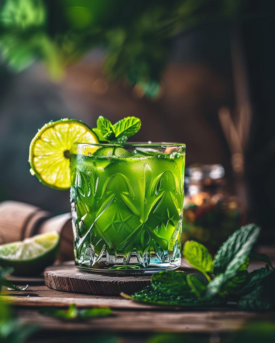 The Ingredients Needed to Make Tipsy Leprechaun Drink Assorted ingredients on a wooden table for making a tipsy leprechaun drink, including spirits.