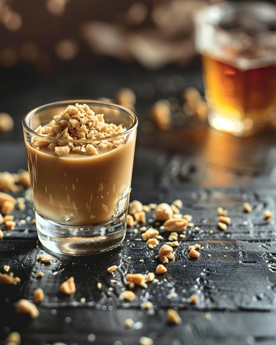 The Ingredients Needed to Make a Payday Shot Ingredients needed to make a payday shot: caramel, peanut butter, and salted peanuts.