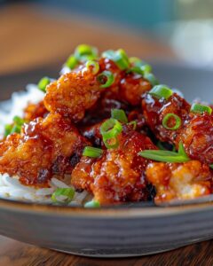 "Mar far chicken dish with sesame seeds and vegetables served on a white plate."