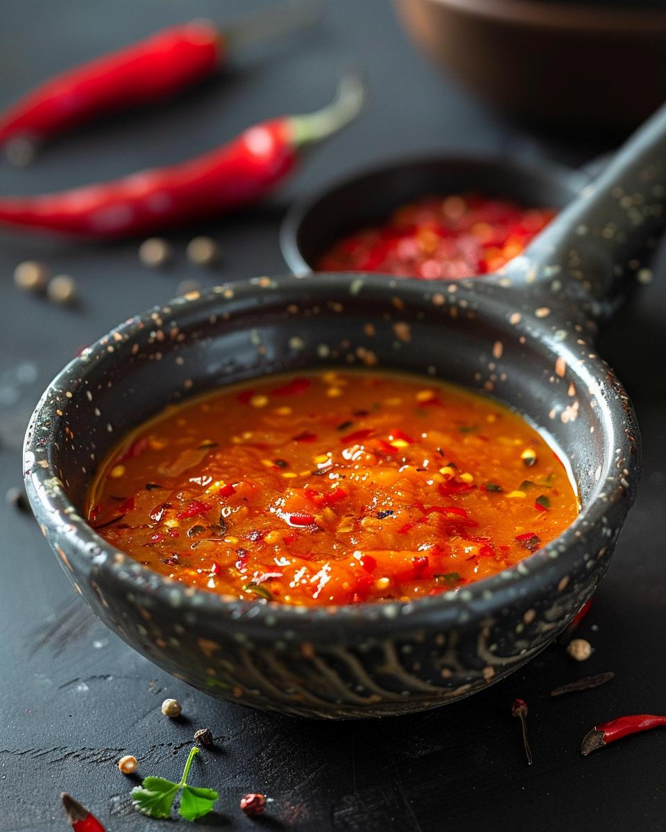 A bowl of spicy homemade pepper sauce recipe with fresh ingredients and herbs.
