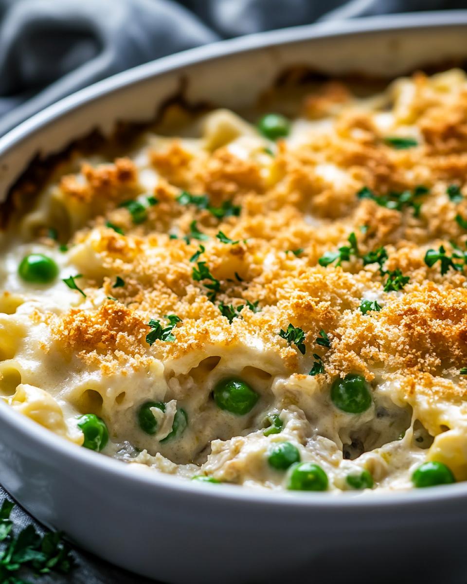 Ingredients Needed to Make Classic Tuna Casserole Ingredients needed for a classic tuna casserole recipe: tuna, pasta, peas, cheese, and sauce.