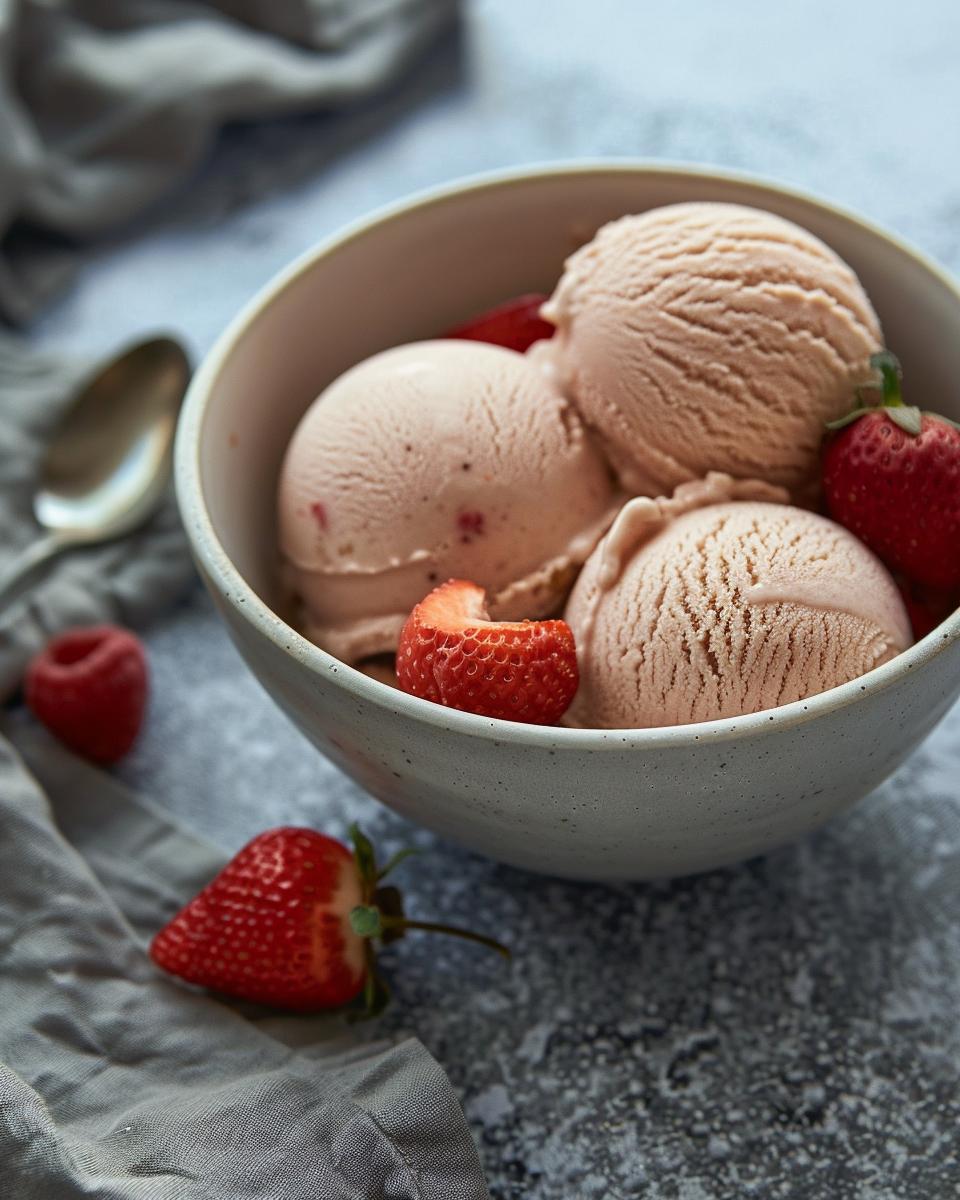 Serving and Storing Ideas and Tips Serving and storing tips for homemade dairy free ice cream recipe in a bowl.