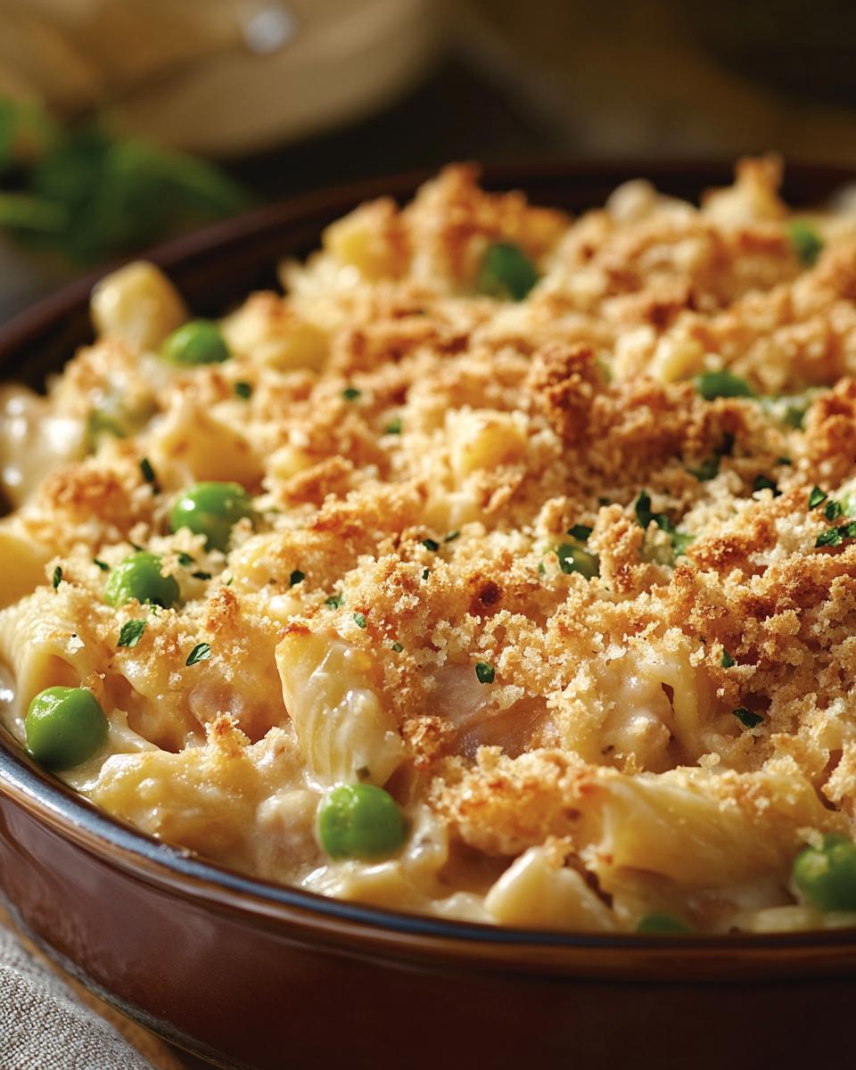 Serving and Storing Ideas and Tips Classic tuna casserole recipe served in blue dish with melted cheese and breadcrumb topping.