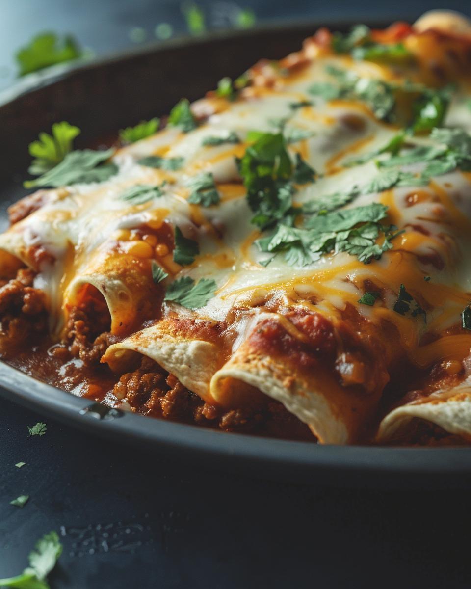 Serving and Storing Ideas and Tips Plate of ground beef enchiladas with serving and storing tips for ground beef enchilada recipe.