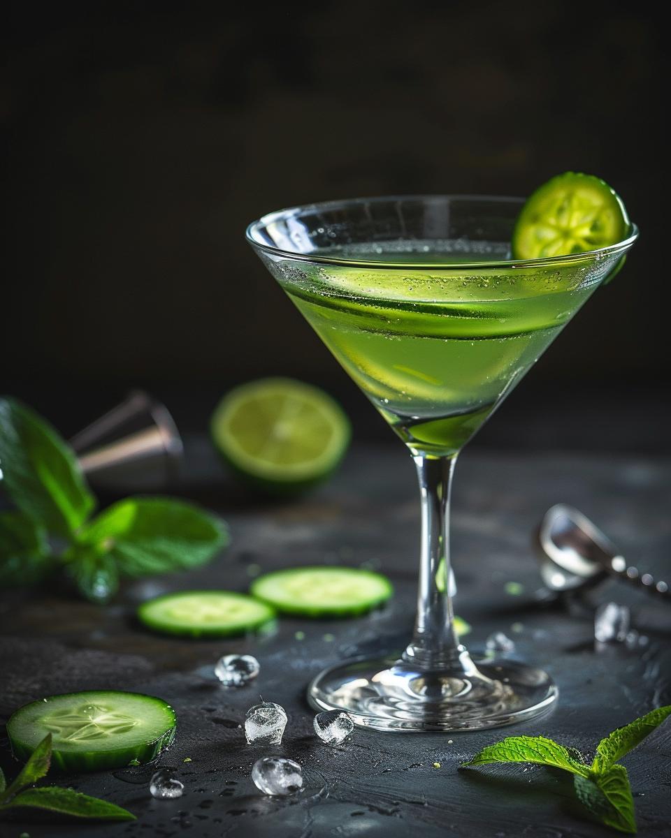 The Ingredients Needed to Make Cucumber Martini Ingredients for cucumber martini recipe including lime, cucumber, mint, and vodka on a countertop.