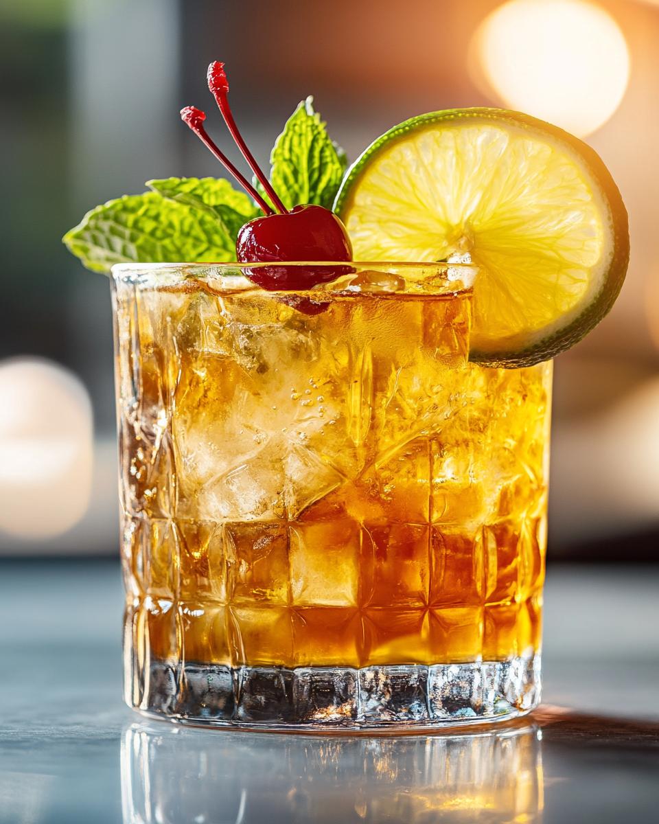 Tropical drink in a glass, showcasing the best Mai Tai recipe with a vibrant garnish.