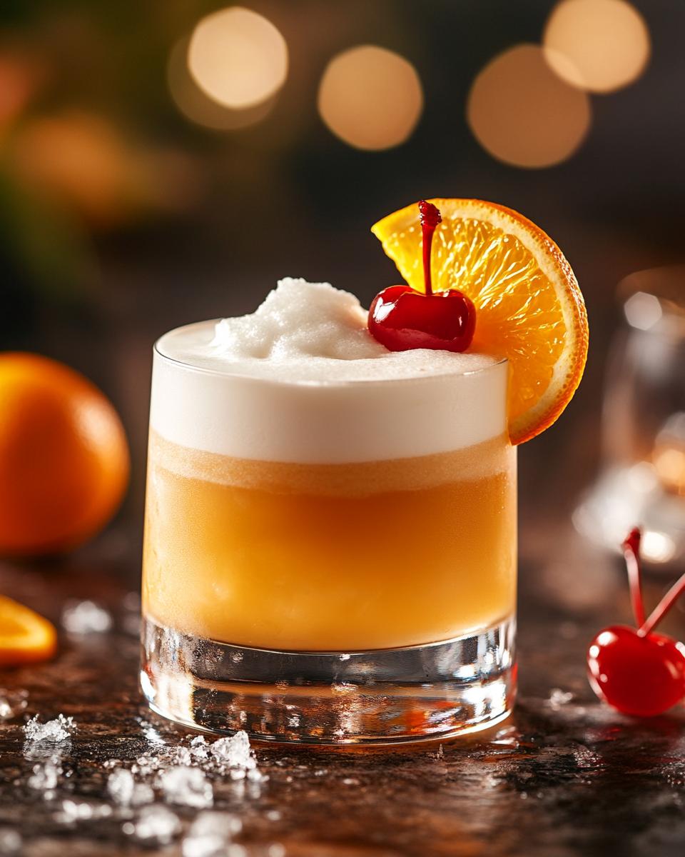 Serving and Storing Ideas and Tips Glass of Amaretto Sour with garnishes, showcasing the best amaretto sour recipe tips.