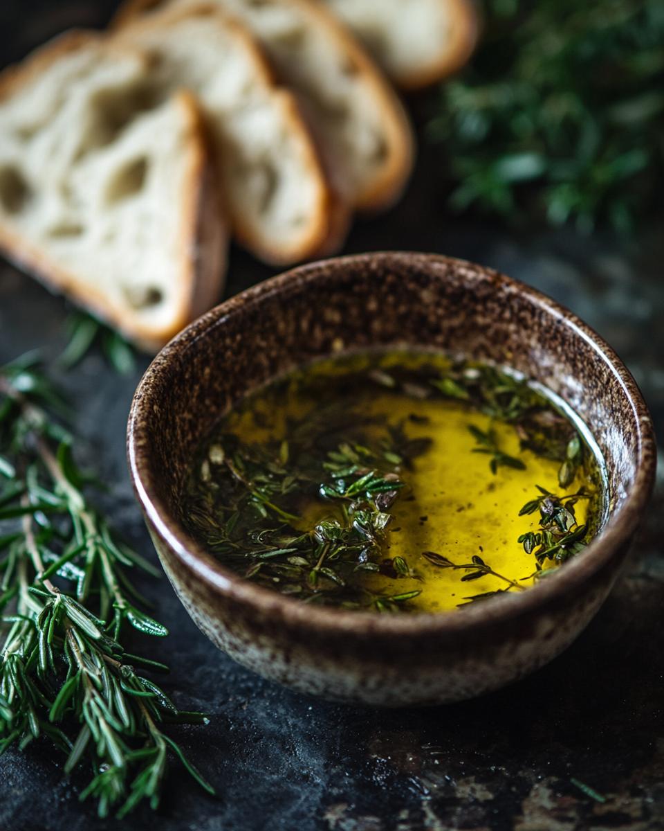 The Ingredients Needed Ingredients for bread dipping oil recipe: olive oil, herbs, garlic, and balsamic vinegar.