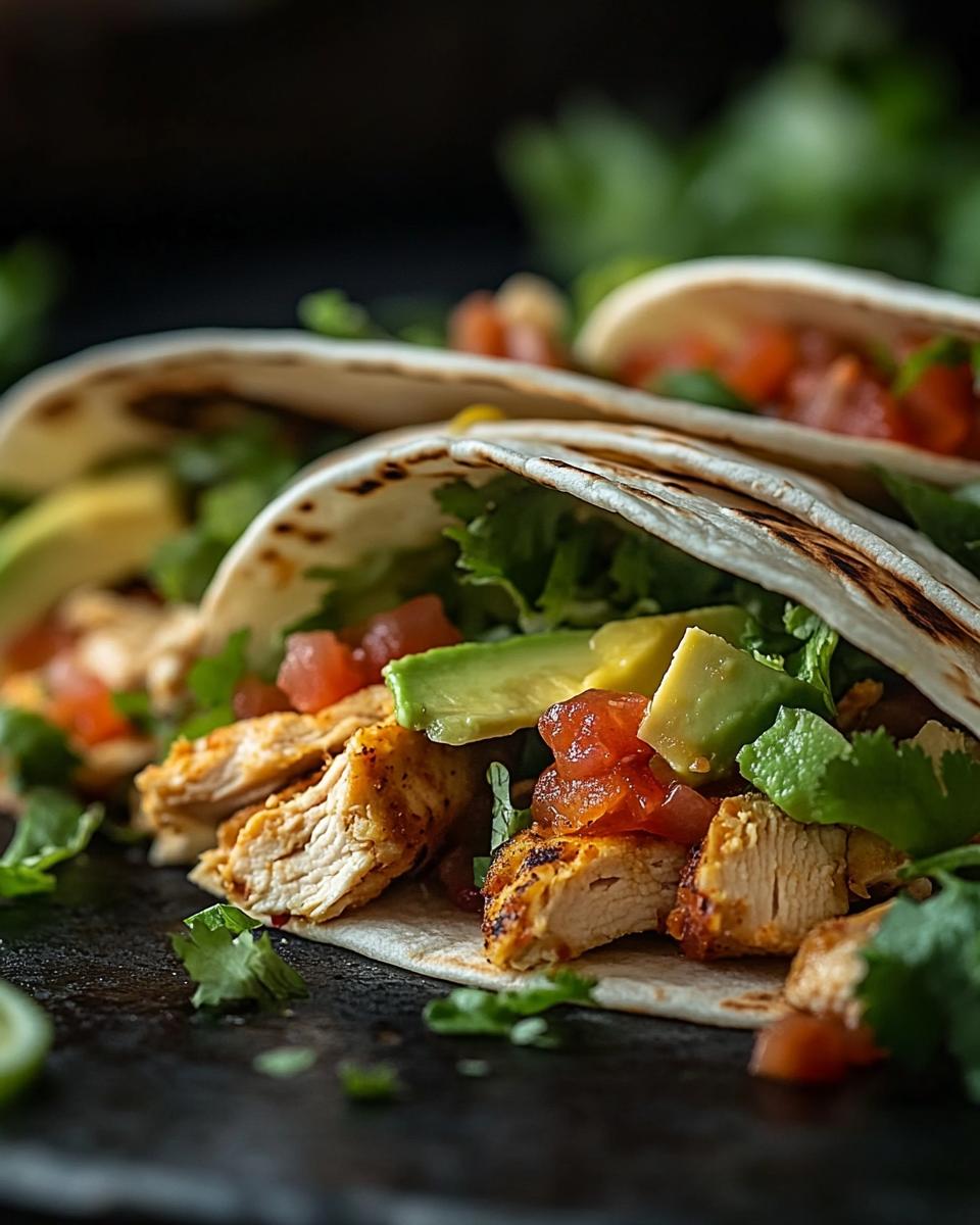 The Ingredients Needed to Make Ingredients for the best chicken taco recipe: cilantro, chicken, tortillas, lime, avocado, and spices.