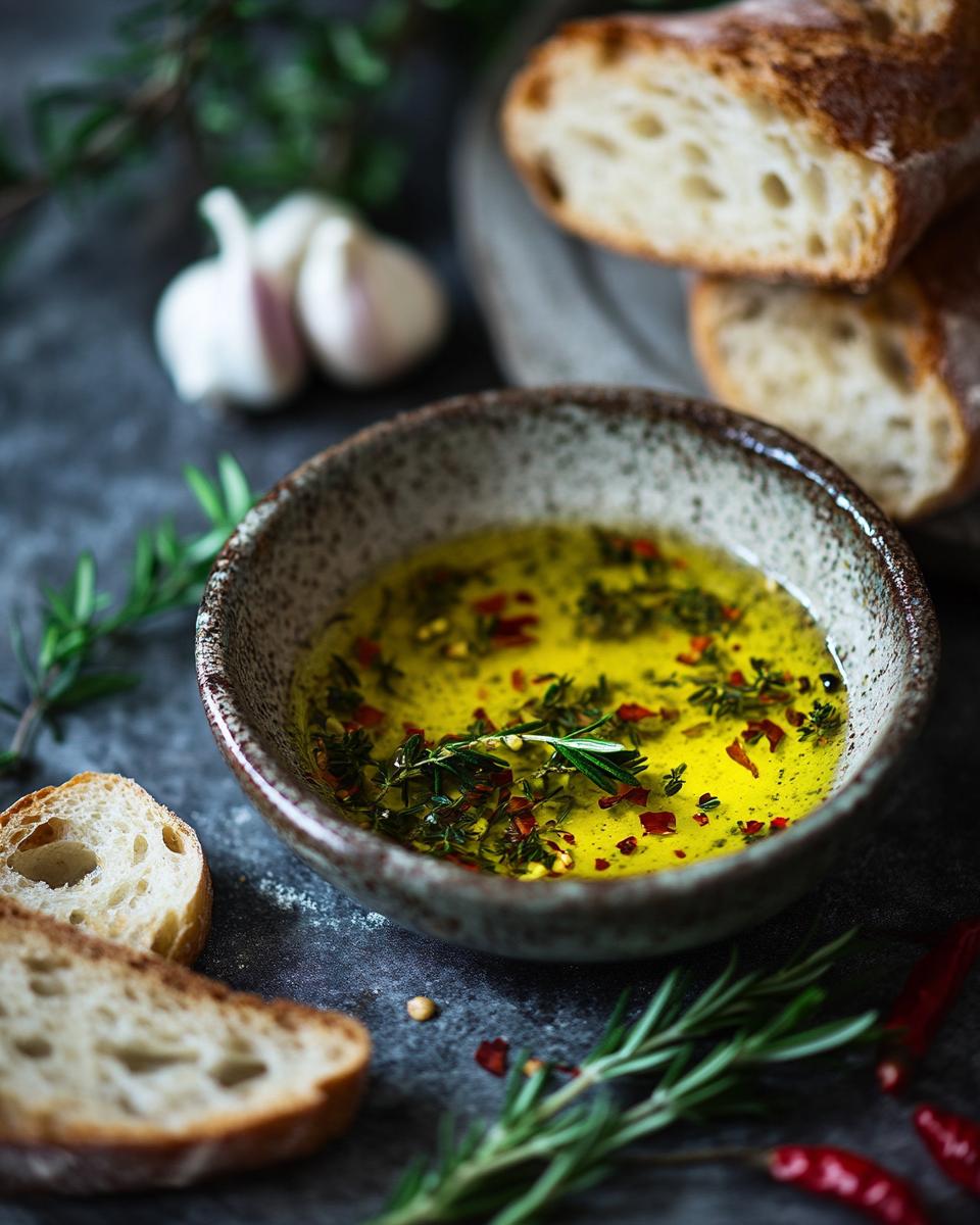 The Ingredients Needed to Make Fresh ingredients for bread dipping oil recipe, including herbs, garlic, and olive oil.