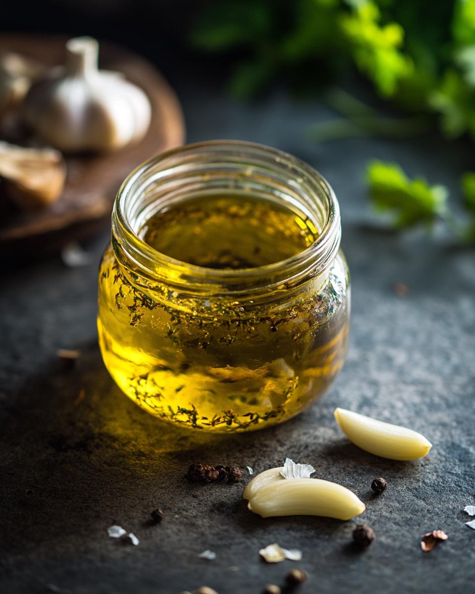 The Ingredients Needed to Make Garlic Oil Ingredients arranged for a garlic oil recipe, featuring fresh garlic, olive oil, and herbs.