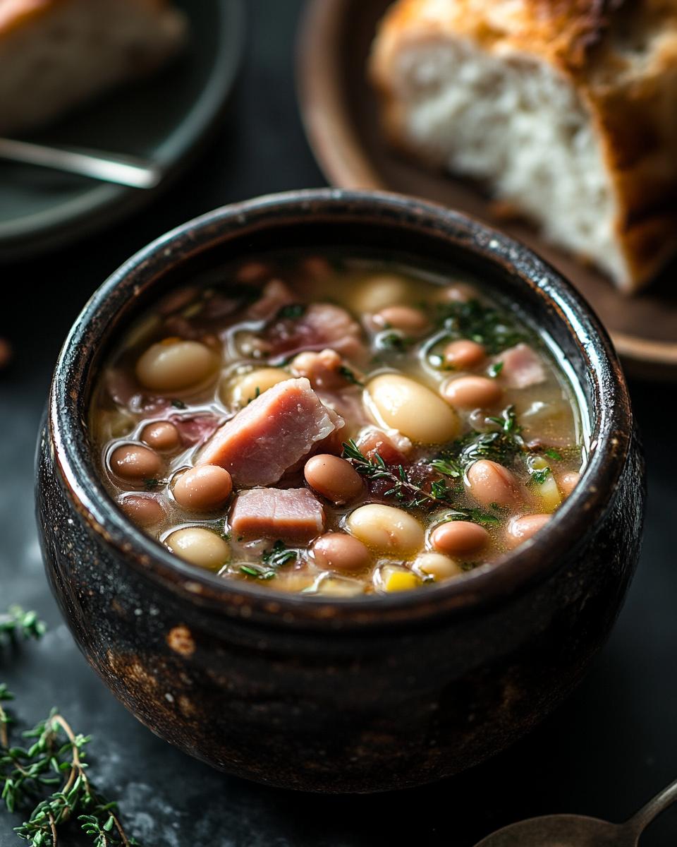 The Ingredients Needed to Make Ham and Bean Soup Ingredients for delicious recipe for ham and bean soup, including beans, ham, vegetables.