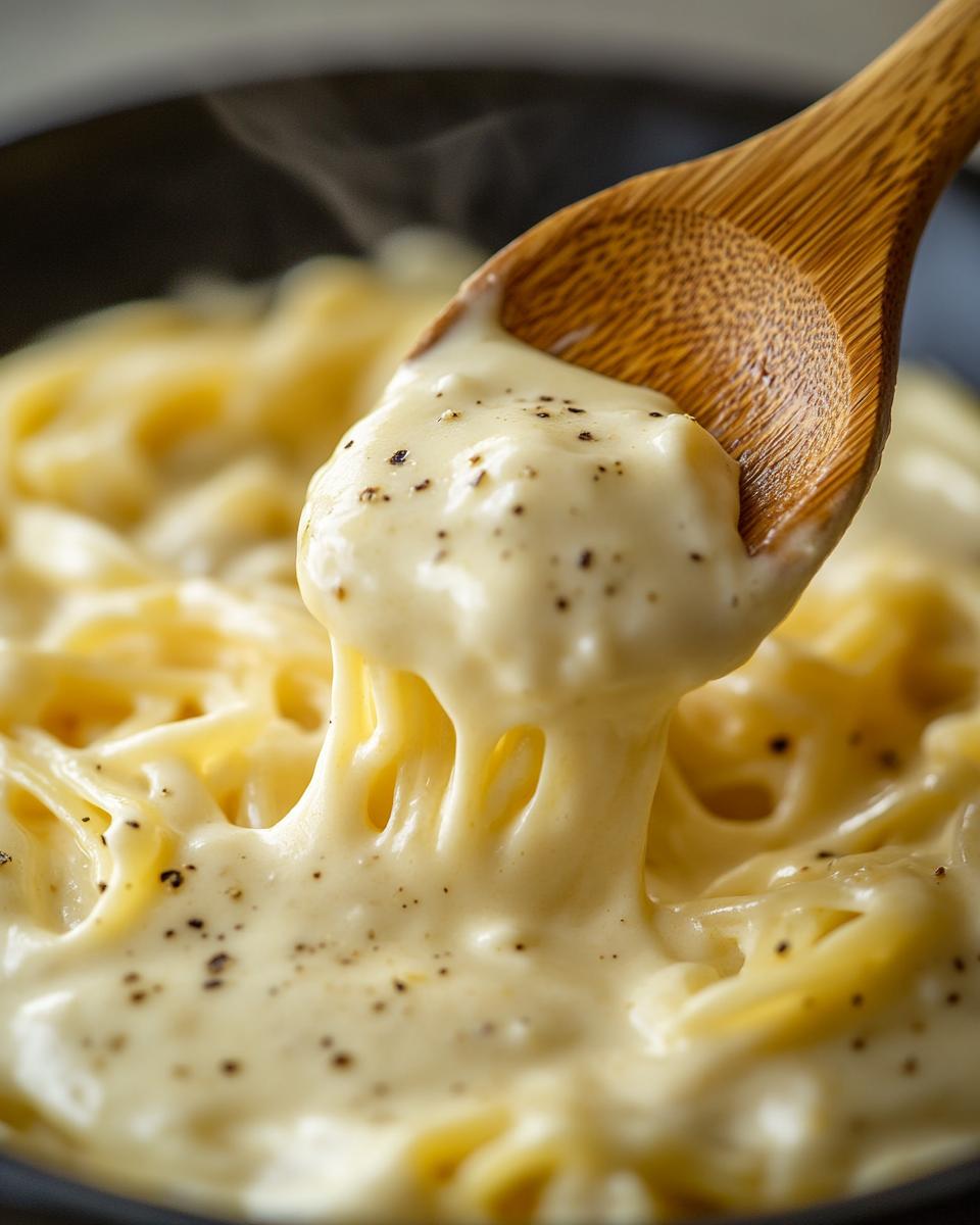 Serving and Storing Ideas and Tips A creamy cheese sauce recipe for pasta served in a bowl with storage tips.