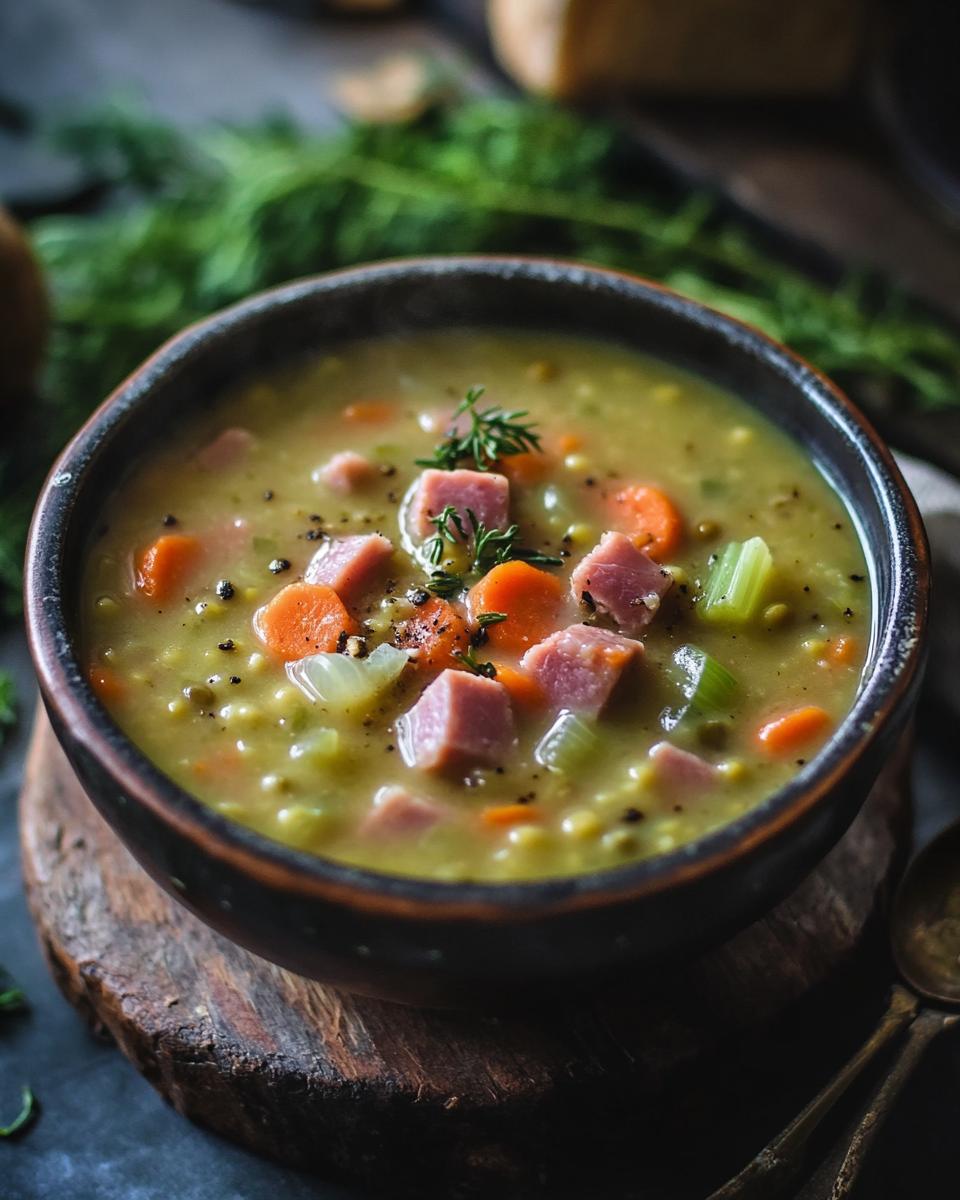 The Ingredients Needed to Make Split Pea Soup Ingredients for split pea soup recipe slow cooker laid out on a wooden table.